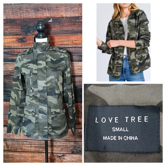 Love Tree Military Jacket Small Camouflage Camo Cotton Full Zip Snap Pockets - Picture 1 of 13